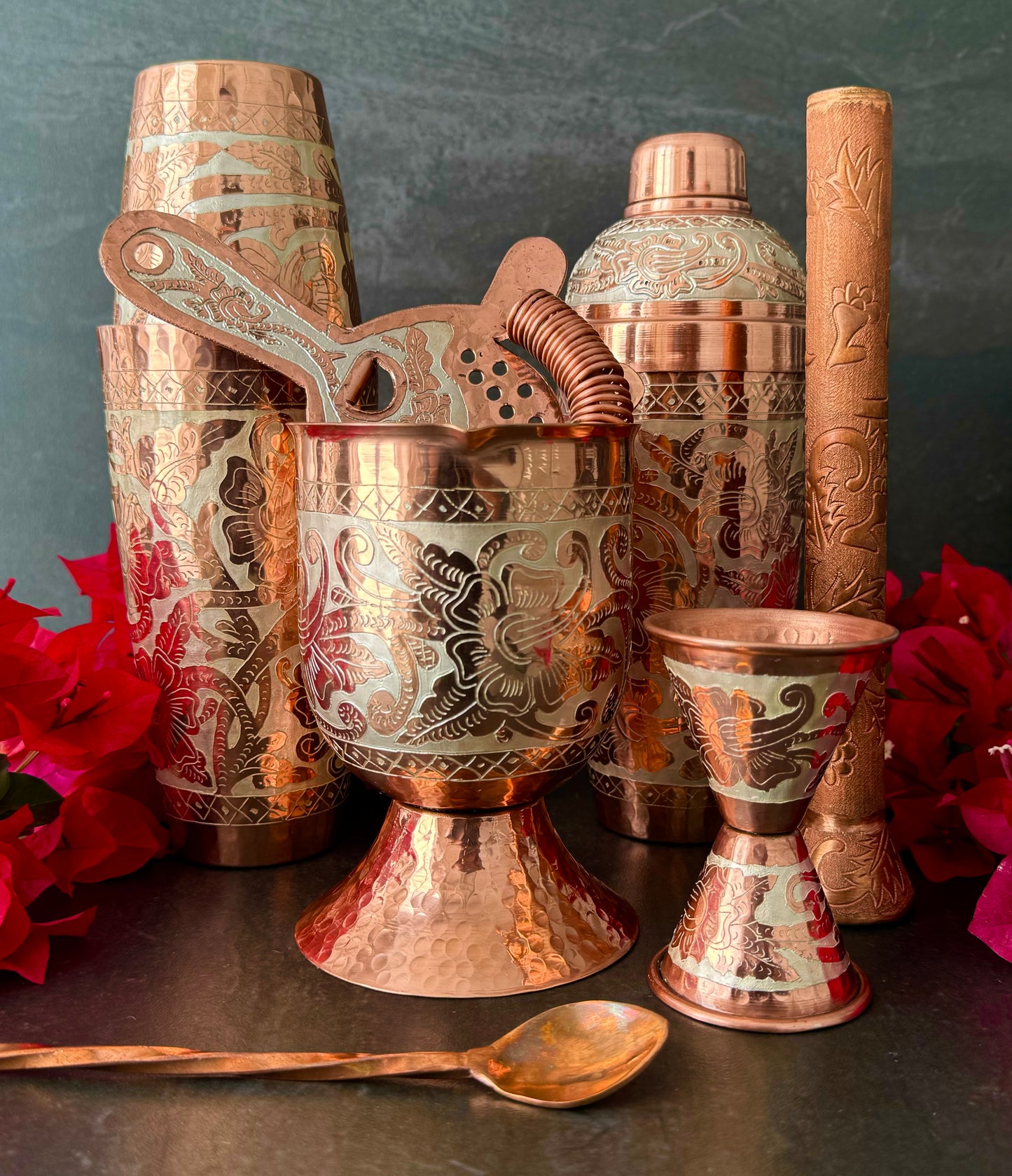 Mexican Handmade Copper 7-Piece Barware & Bar Tools Set- Silver Flowers Set CoLores Decor | Mexican Artisan Decor