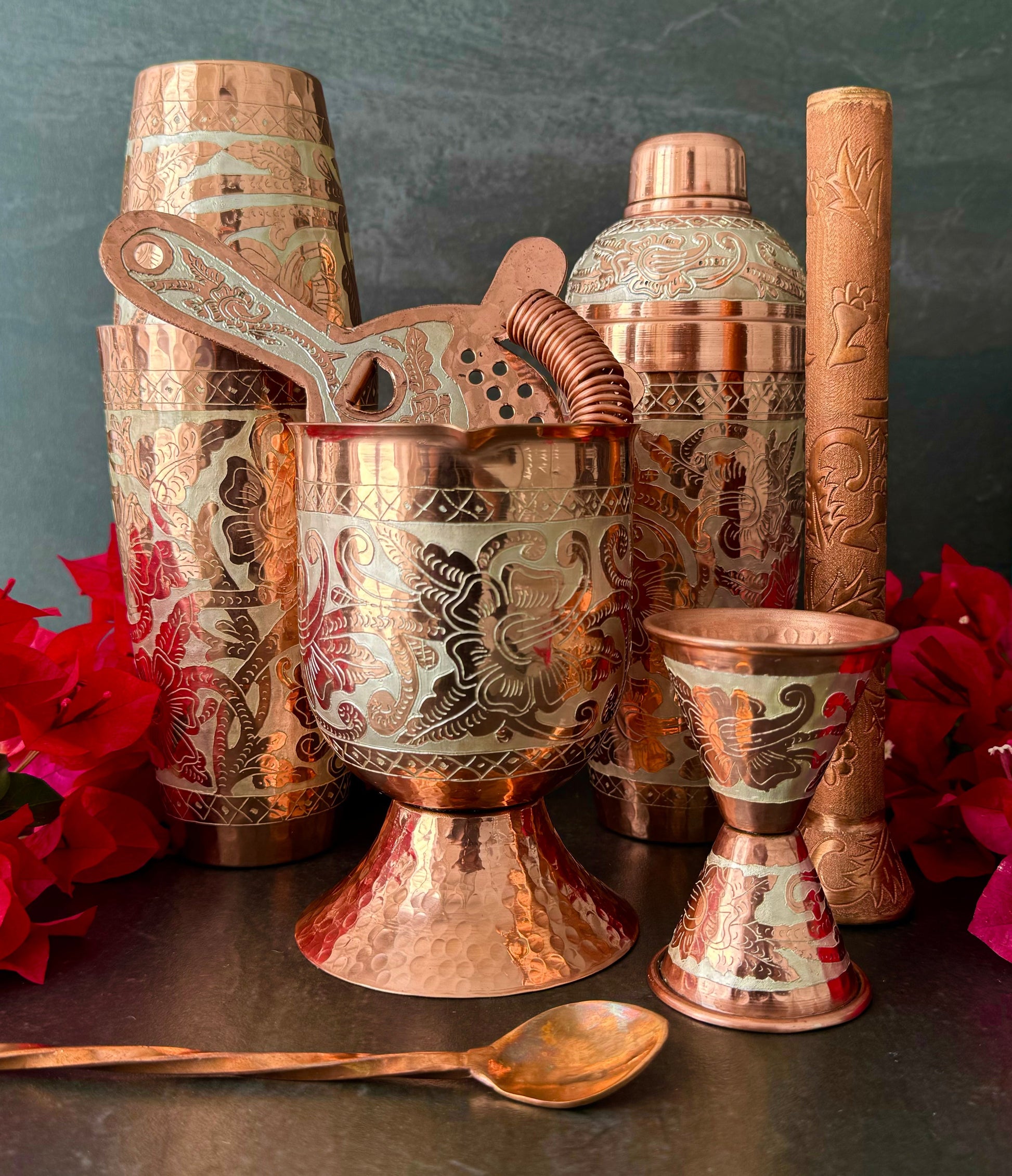 Mexican Handmade Copper 24 oz. Boston Shaker- Silver Flowers CoLores Decor
