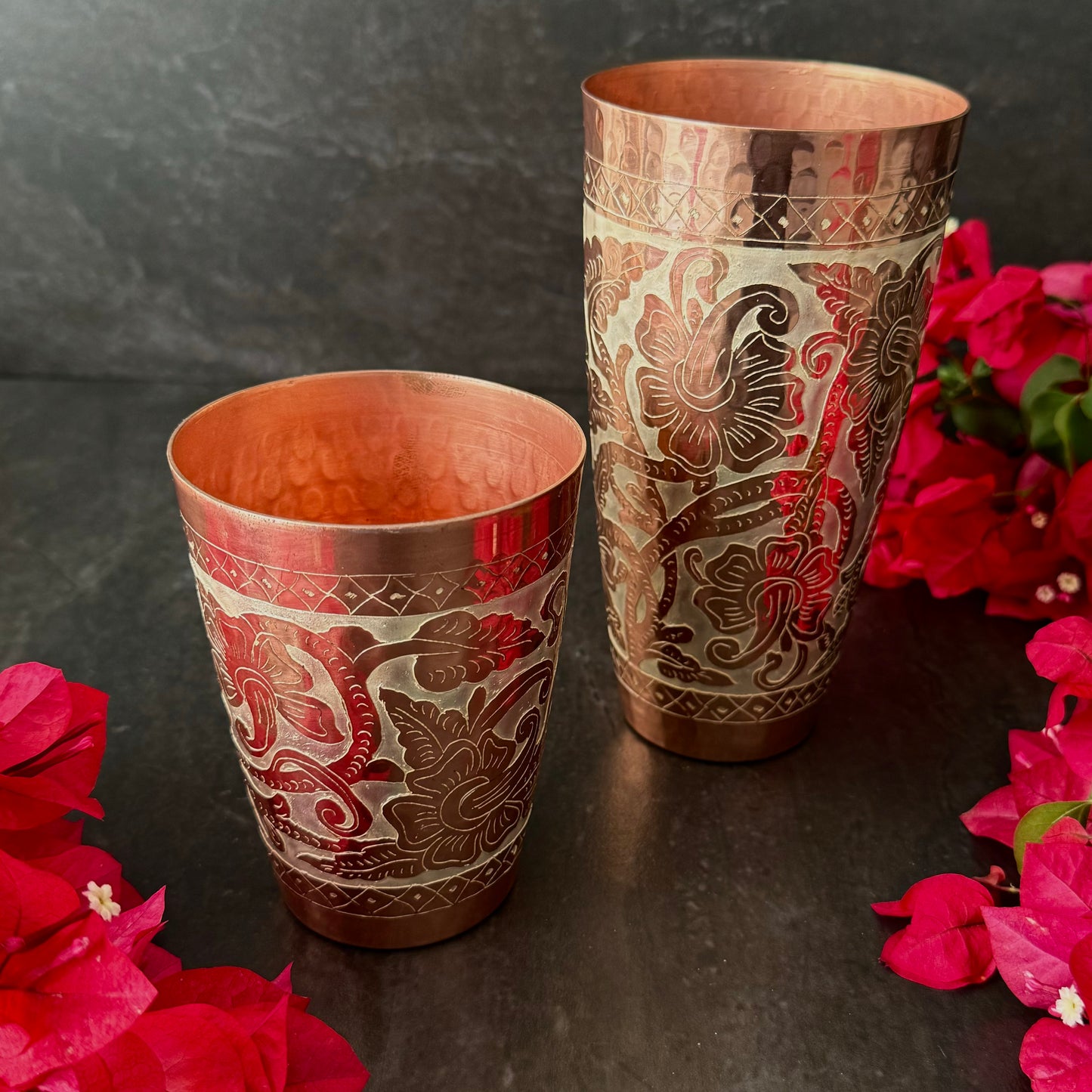 Mexican Handmade Copper 7-Piece Barware & Bar Tools Set- Silver Flowers Set CoLores Decor | Mexican Artisan Decor