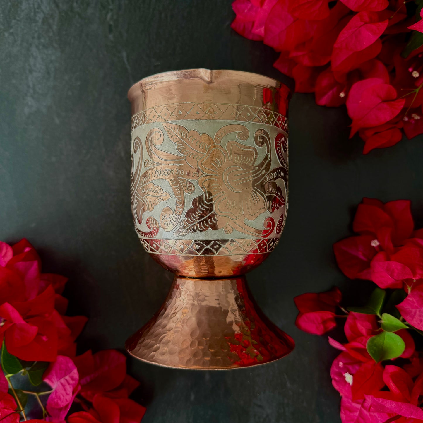Mexican Handmade Copper 20 oz. Mixing Cup- Silver Flowers CoLores Decor | Mexican Artisan Decor