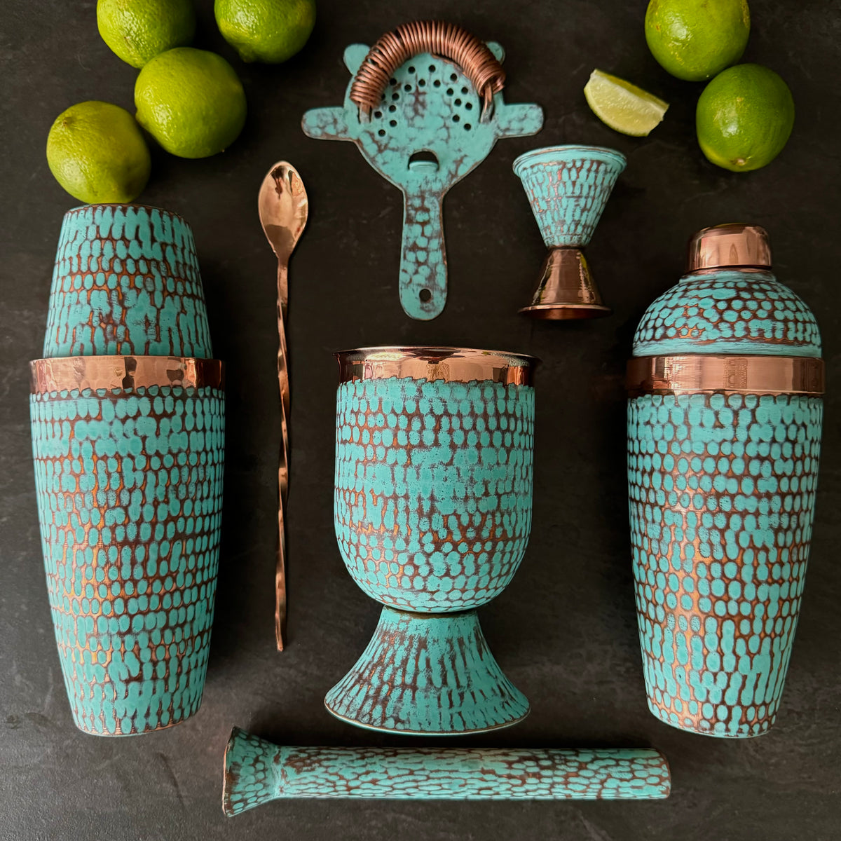 Mexican Handmade Copper 7-Piece Barware & Bar Tools Set- Emerald Set CoLores Decor | Mexican Artisan Decor