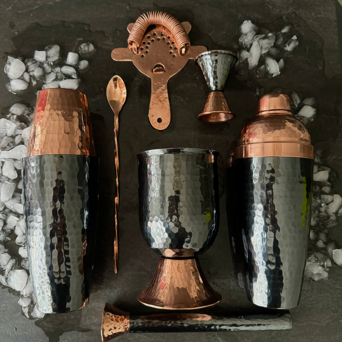 Mexican Handmade Copper 7-Piece Barware & Bar Tools Set- Black Nickel Set CoLores Decor | Mexican Artisan Decor