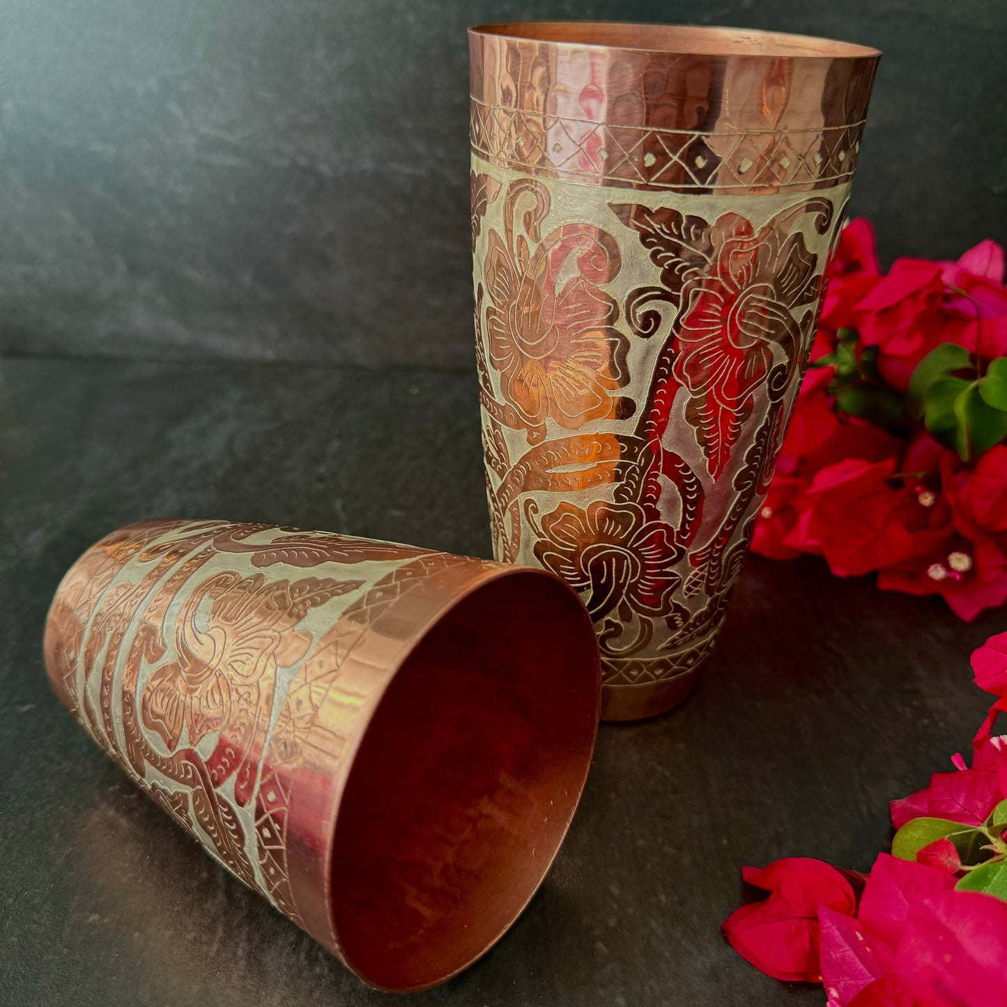 Mexican Handmade Copper 24 oz. Boston Shaker- Silver Flowers CoLores Decor | Mexican Artisan Decor