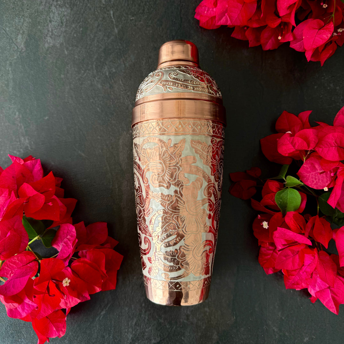 Mexican Handmade Copper 24 oz. Cobbler Shaker- Silver Flowers CoLores Decor | Mexican Artisan Decor