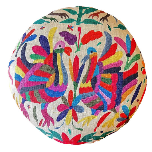 Mexican Handmade Otomi Tenango Cushioned Equipal Ottoman Footstool- Otomi Tenango Printed Fabric MeXican Artisan Fashion & Design