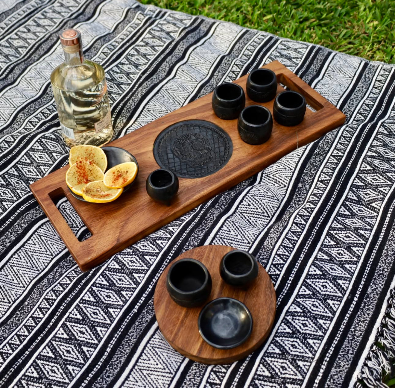 Oaxaca Black Clay Tequila & Mezcal Wood Serving Tray Set- Xaca CoLores Decor | Mexican Artisan Decor