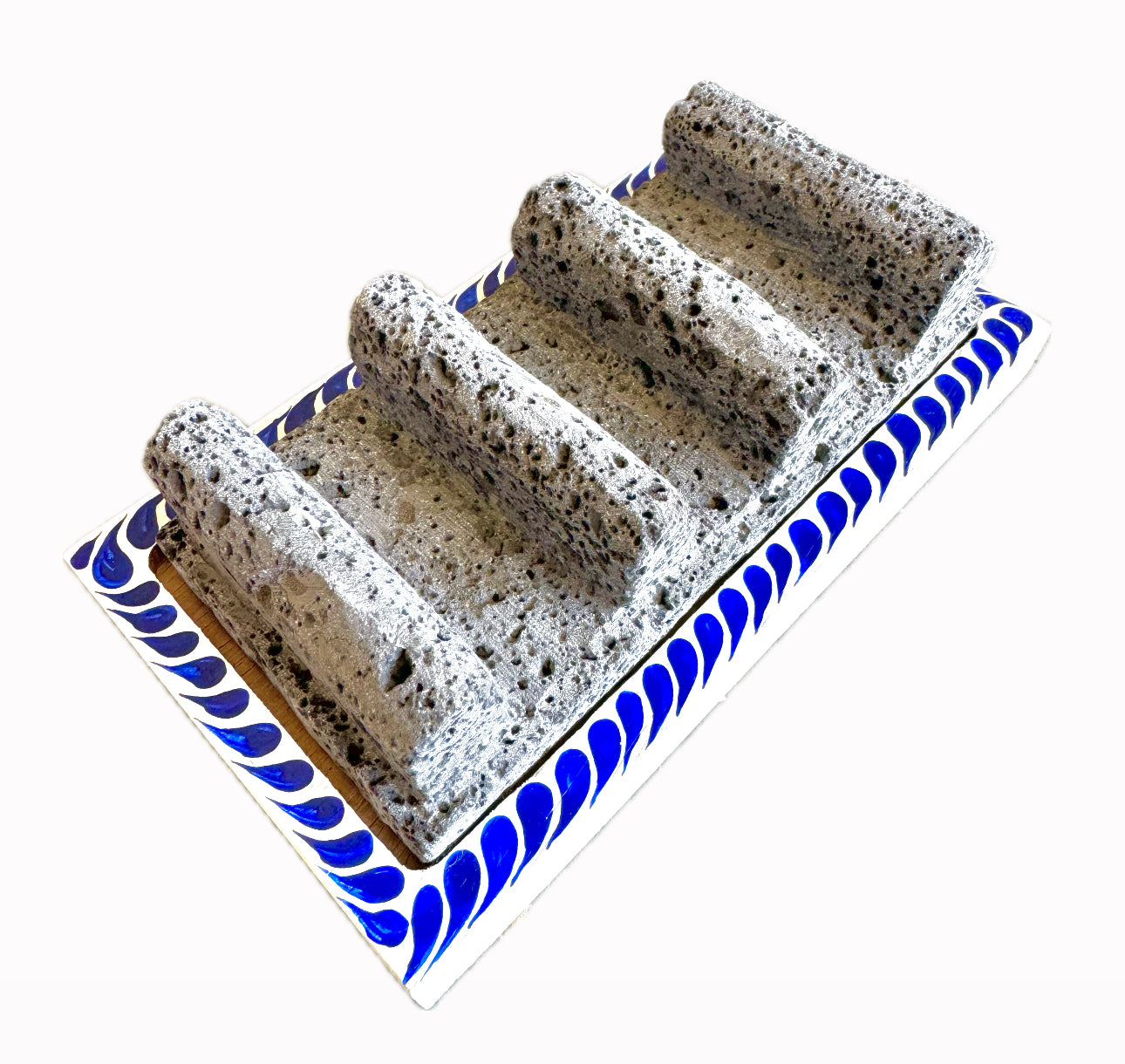 Mexican Volcanic Rock and Parota 9" 3 Taco Holder Stand- Blue CoLores Decor l Mexican Artisan Decor