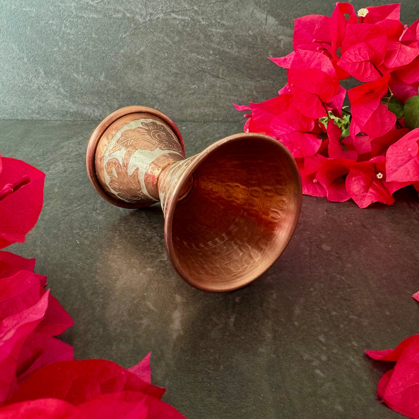 Mexican Handmade Copper Jigger - Silver Flowers CoLores Decor | Mexican Artisan Decor