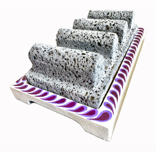 Mexican Volcanic Rock and Parota 9" 3 Taco Holder Stand- Violet CoLores Decor l Mexican Artisan Decor