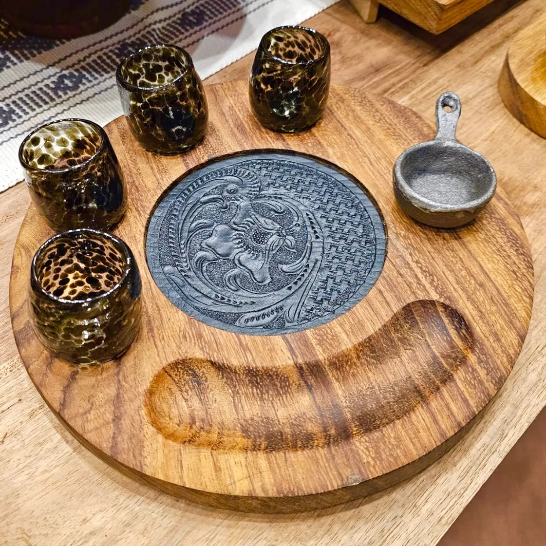 Blow Glass Tequila & Mezcal Wood Serving Tray Set- Jalisco CoLores Decor | Mexican Artisan Decor