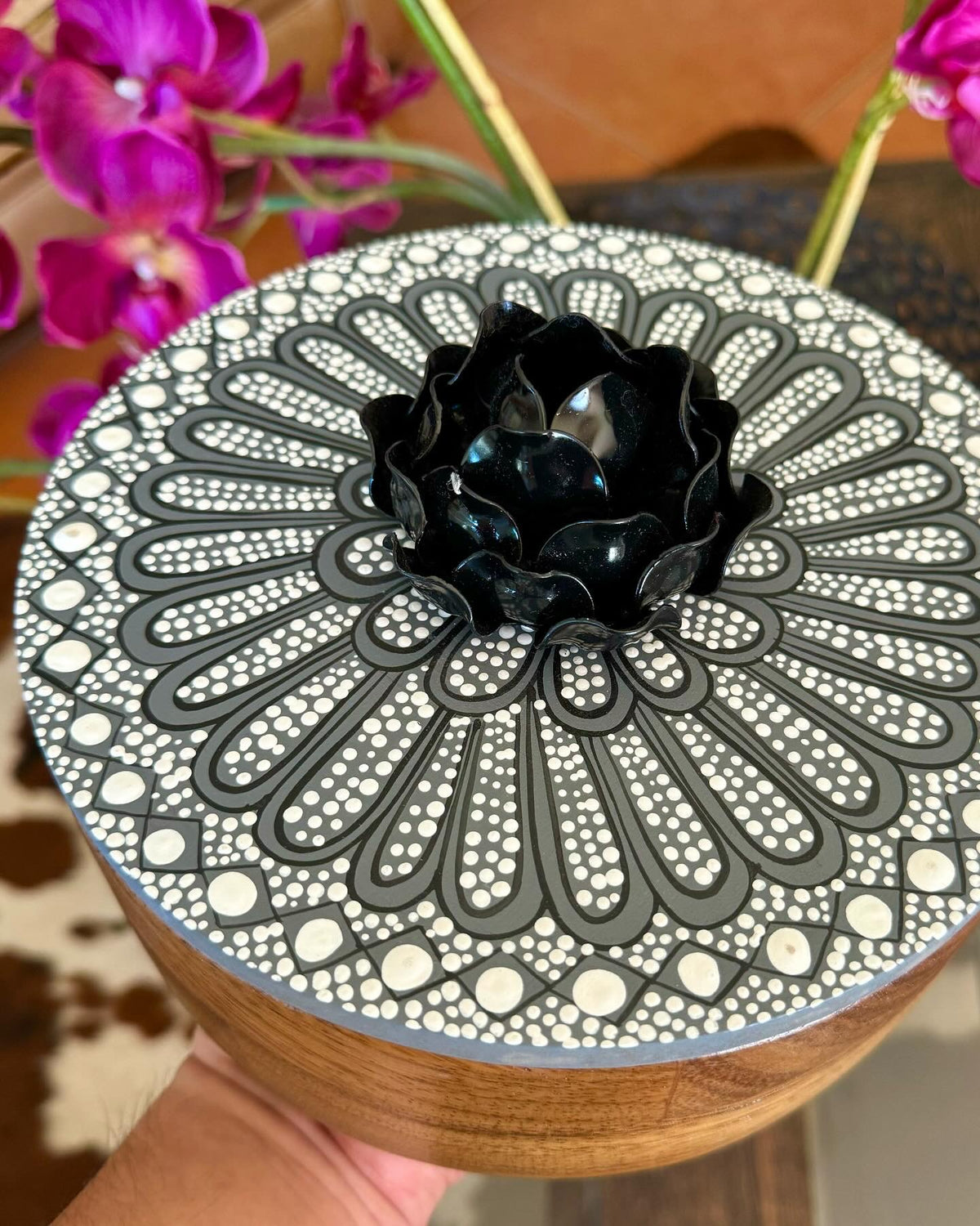 Mexican Handmade Parota Wood Tortilla Warmer - Black Rose Colores Decor l Mexican Artisan Decor