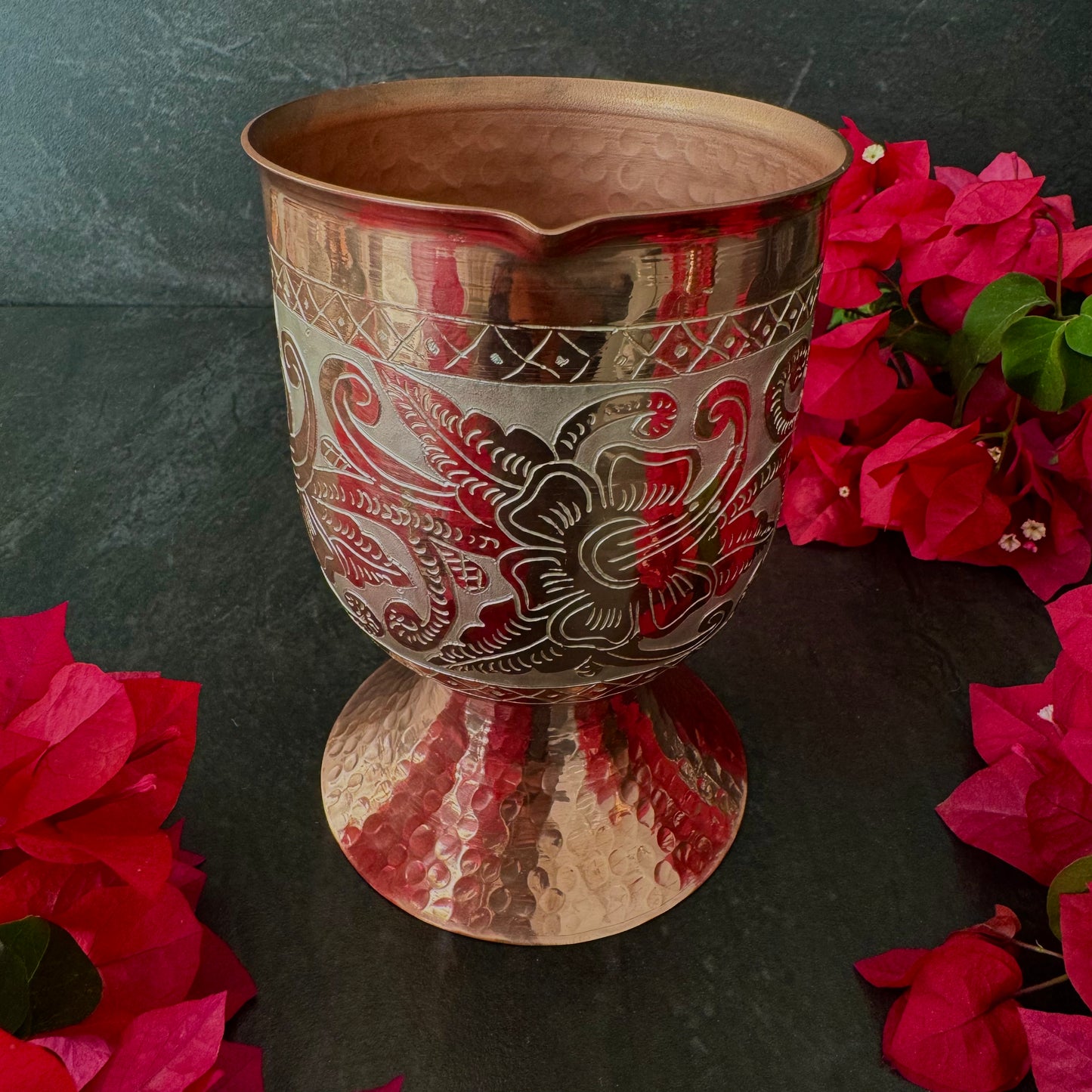 Mexican Handmade Copper 20 oz. Mixing Cup- Silver Flowers CoLores Decor | Mexican Artisan Decor