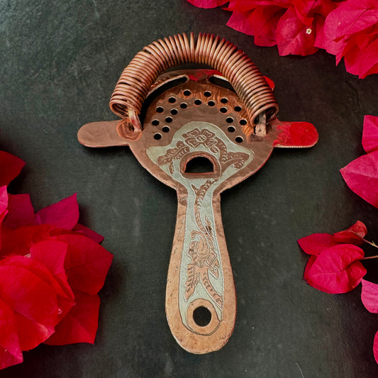 Mexican Handmade Copper Hawthorne Strainer- Silver Flowers CoLores Decor