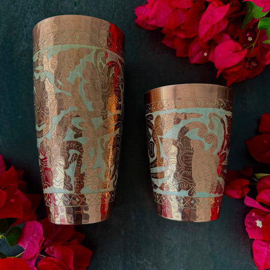 Mexican Handmade Copper 24 oz. Boston Shaker- Silver Flowers CoLores Decor