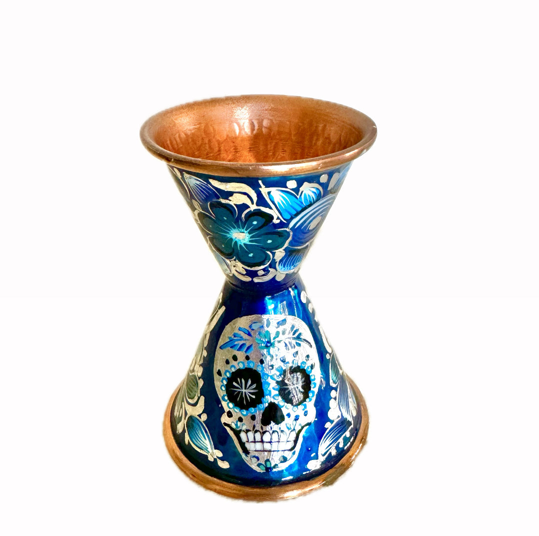 Mexican Handmade Copper Jigger - Hand Painted Blue Sugar Skull CoLores Decor | Mexican Artisan Decor