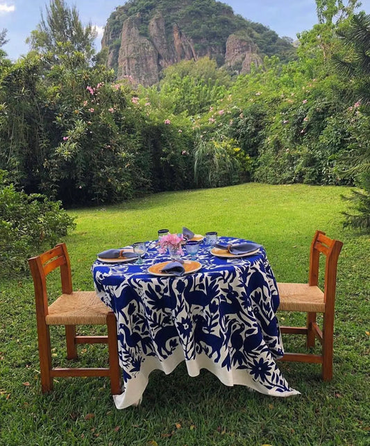 Hand Embroidered Otomi Tenango de Doria Tablecloth- Azul CoLores Decor | Mexican Artisan Decor