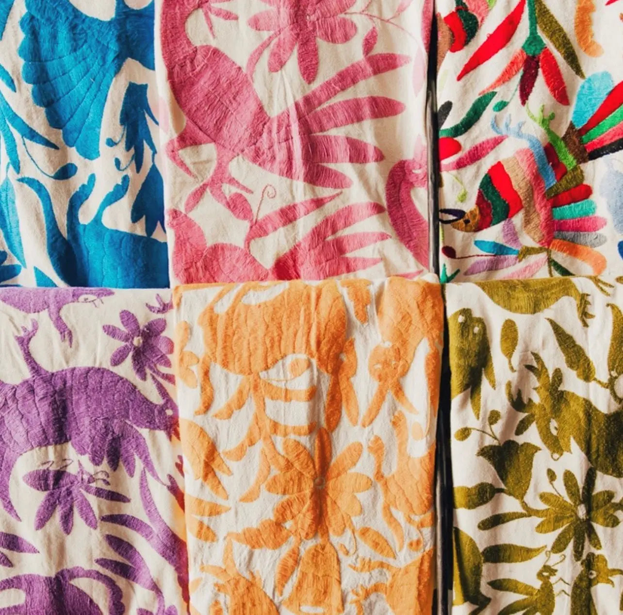Hand Embroidered Otomi Tenango de Doria Tablecloth- Kaki CoLores Decor | Mexican Artisan Decor