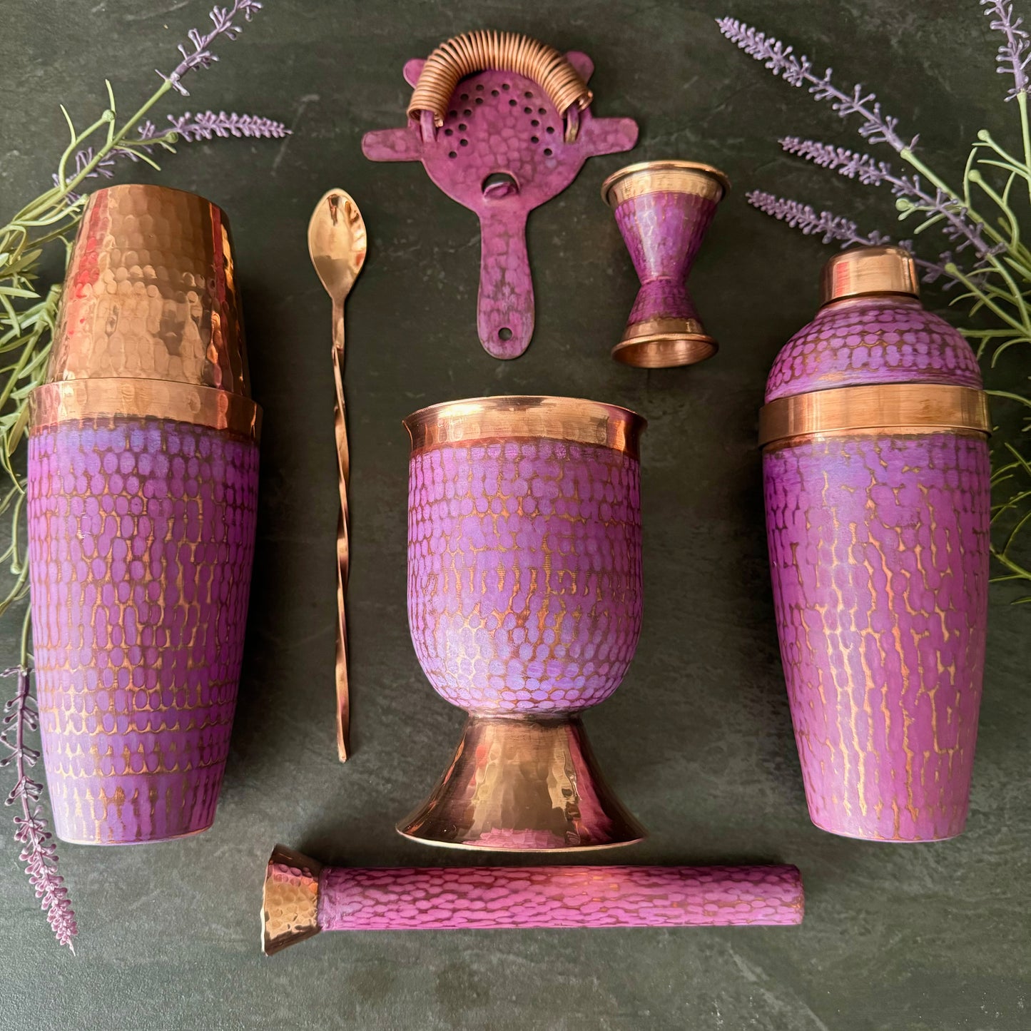 Mexican Handmade Copper 7-Piece Barware & Bar Tools Set- Lavender Set CoLores Decor | Mexican Artisan Decor