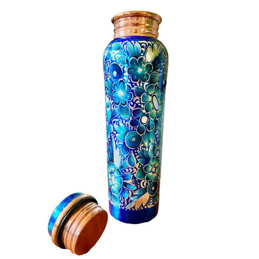 Mexican Copper 1 L / 33 oz. Water Bottle- Hand Painted Blue Sugar Skull CoLores Decor