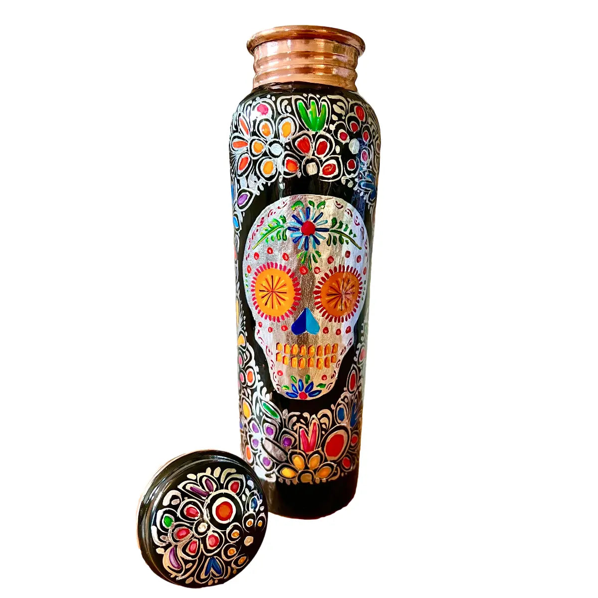 Mexican Copper 1 L / 33 oz. Water Bottle- Hand Painted Multicolored Sugar Skull CoLores Decor