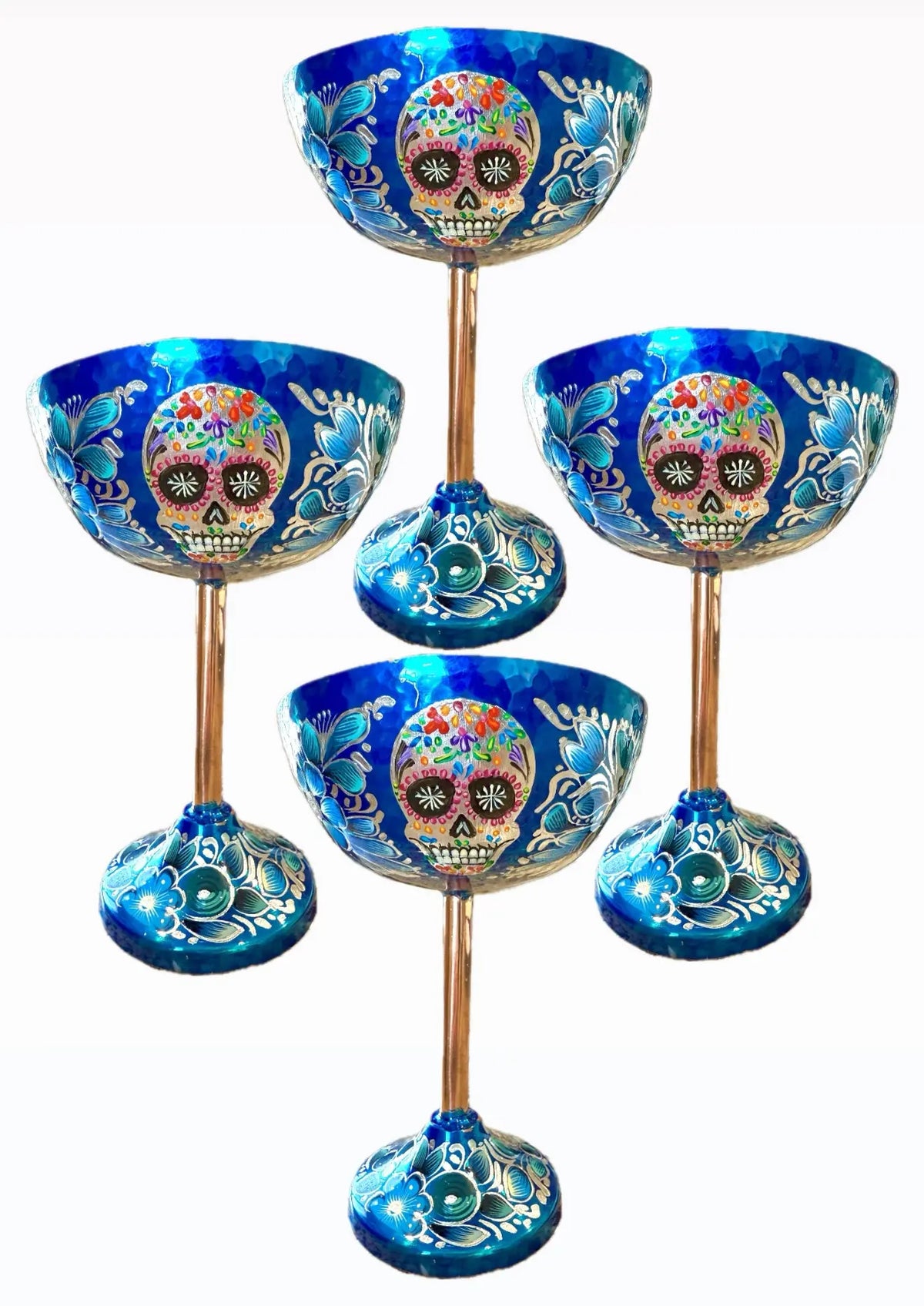 Mexican Copper 14 oz. Coupes Glasses, Set of 4- Sugar Skull Blue CoLores Decor | Mexican Artisan Decor