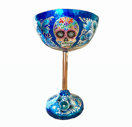Mexican Copper 14 oz. Coupes Glasses, Set of 4- Sugar Skull Blue CoLores Decor | Mexican Artisan Decor