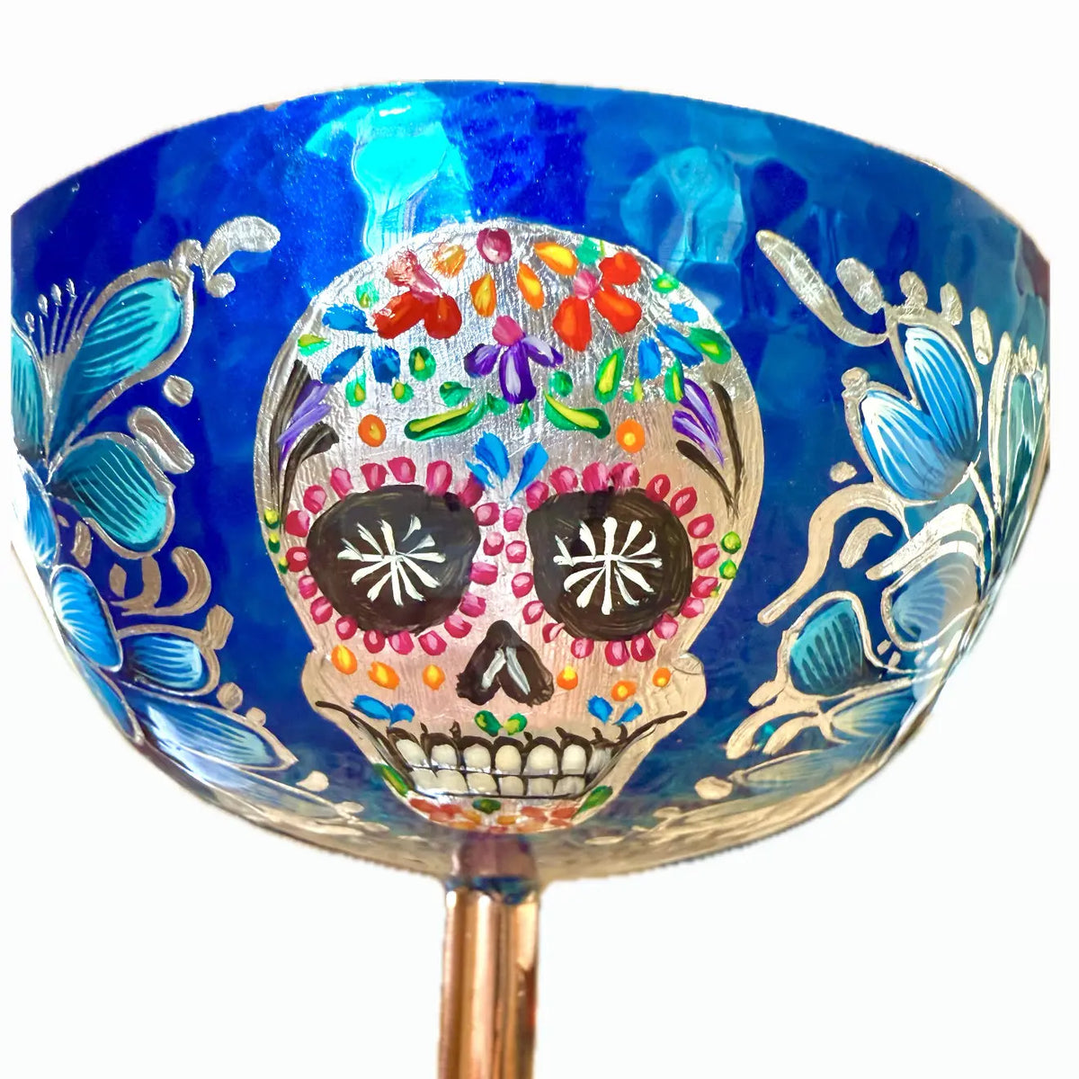 Mexican Copper 14 oz. Coupes Glasses, Set of 4- Sugar Skull Blue CoLores Decor | Mexican Artisan Decor