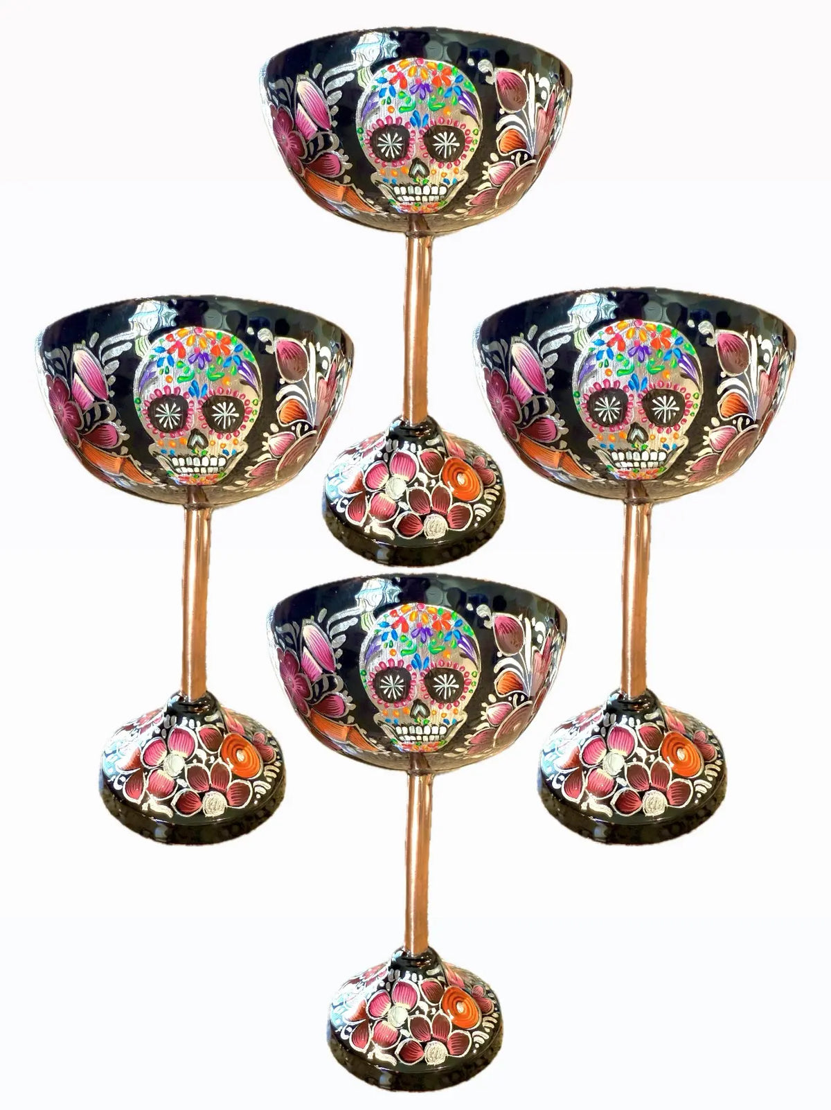 Mexican Copper 14 oz. Coupes Glasses, Set of 4- Sugar Skull Rose CoLores Decor | Mexican Artisan Decor