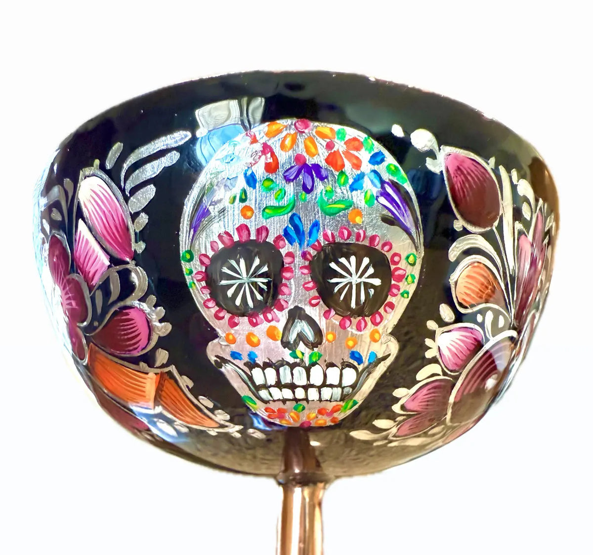 Mexican Copper 14 oz. Coupes Glasses, Set of 4- Sugar Skull Rose CoLores Decor | Mexican Artisan Decor