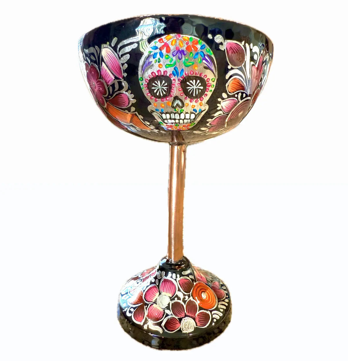 Mexican Copper 14 oz. Coupes Glasses, Set of 4- Sugar Skull Rose CoLores Decor | Mexican Artisan Decor