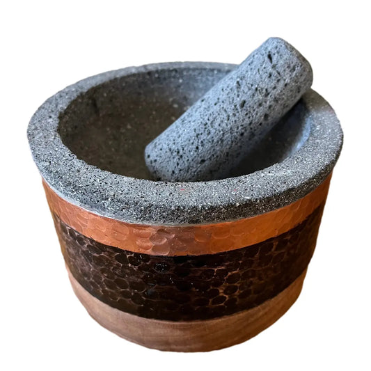 Mexican Handmade 6.9" Round Copper Molcajete- Black Nickel CoLores Decor l Mexican Artisan Decor