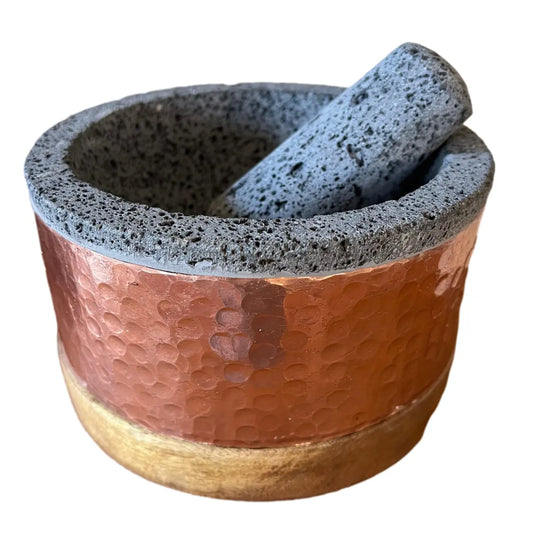 Mexican Handmade 6.9" Round Copper Molcajete- Classic CoLores Decor l Mexican Artisan Decor