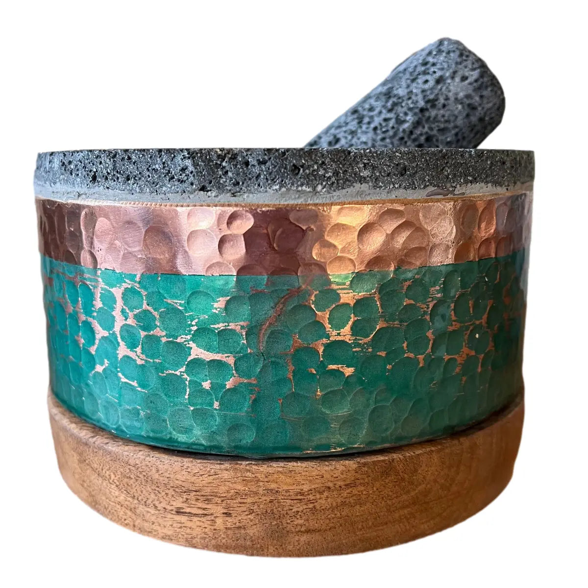 Mexican Handmade 6.9" Round Copper Molcajete- Emerald CoLores Decor l Mexican Artisan Decor