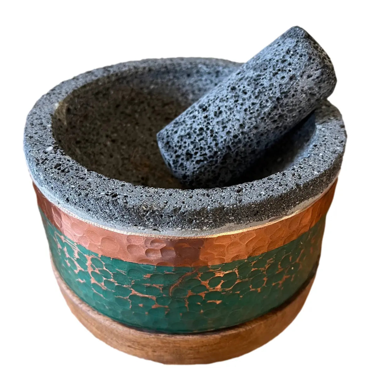 Mexican Handmade 6.9" Round Copper Molcajete- Emerald CoLores Decor l Mexican Artisan Decor