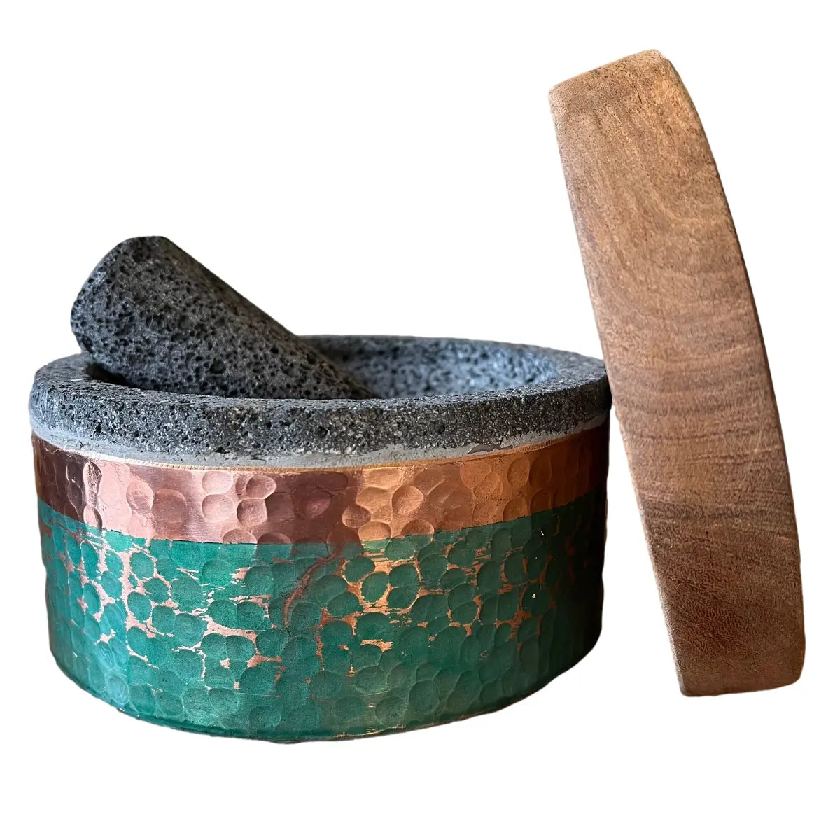 Mexican Handmade 6.9" Round Copper Molcajete- Emerald CoLores Decor l Mexican Artisan Decor
