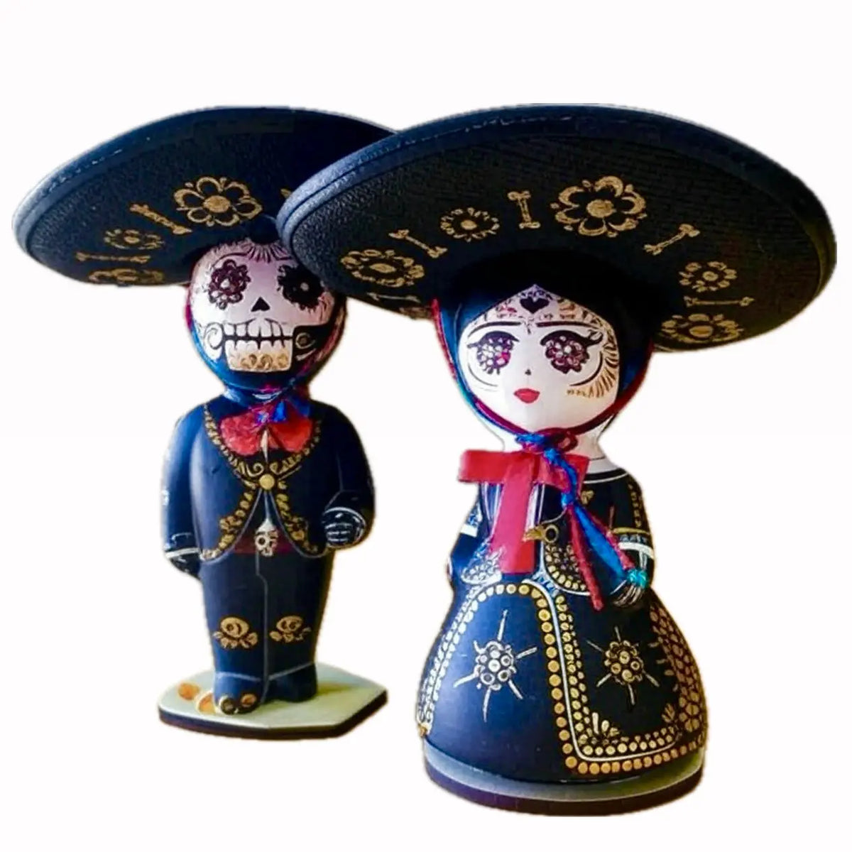 Mexican Handmade Clay Folklore Catrina Figurines- Charros PAIR CoLores Decor l Mexican Artisan Decor