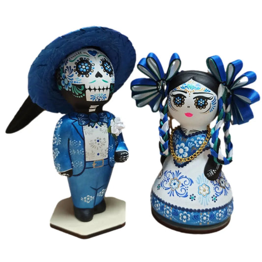 Mexican Handmade Clay Folklore Catrina Figurines- Talavera PAIR CoLores Decor l Mexican Artisan Decor