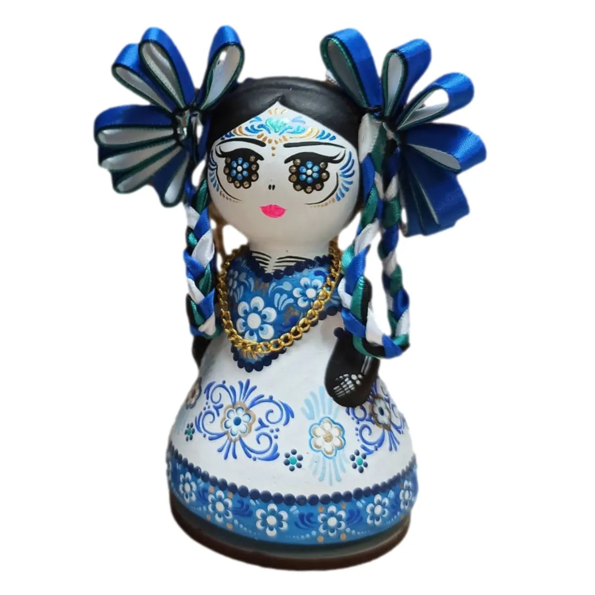 Mexican Handmade Clay Folklore Figurines- La Catrina Talavera Azul CoLores Decor l Mexican Artisan Decor