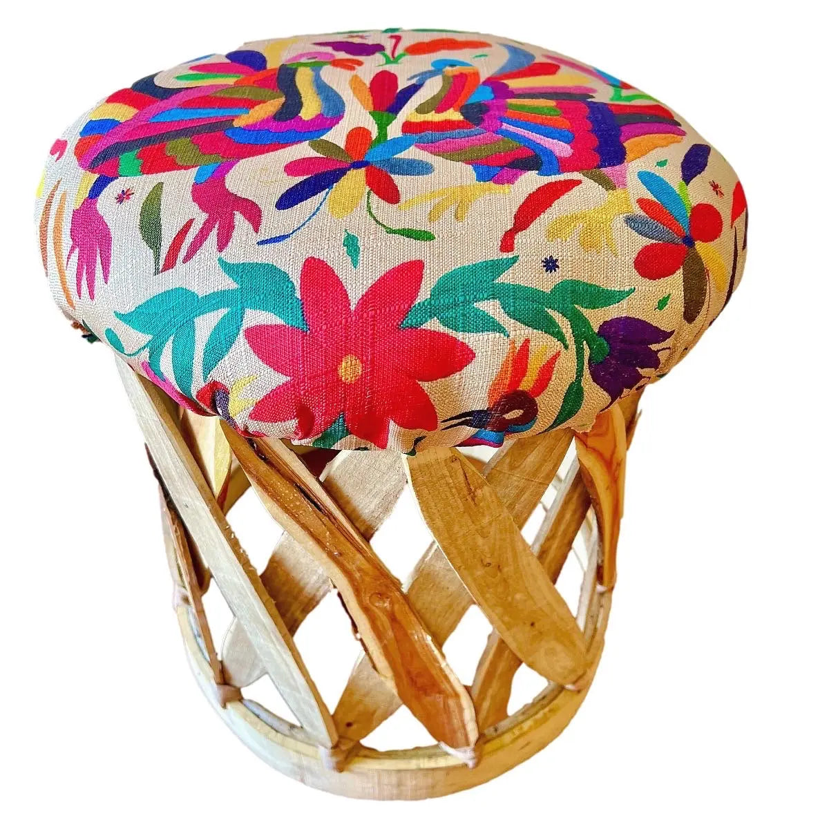 Mexican Handmade Otomi Tenango Cushioned Equipal Ottoman Footstool- Otomi Tenango Printed Fabric MeXican Artisan Fashion & Design