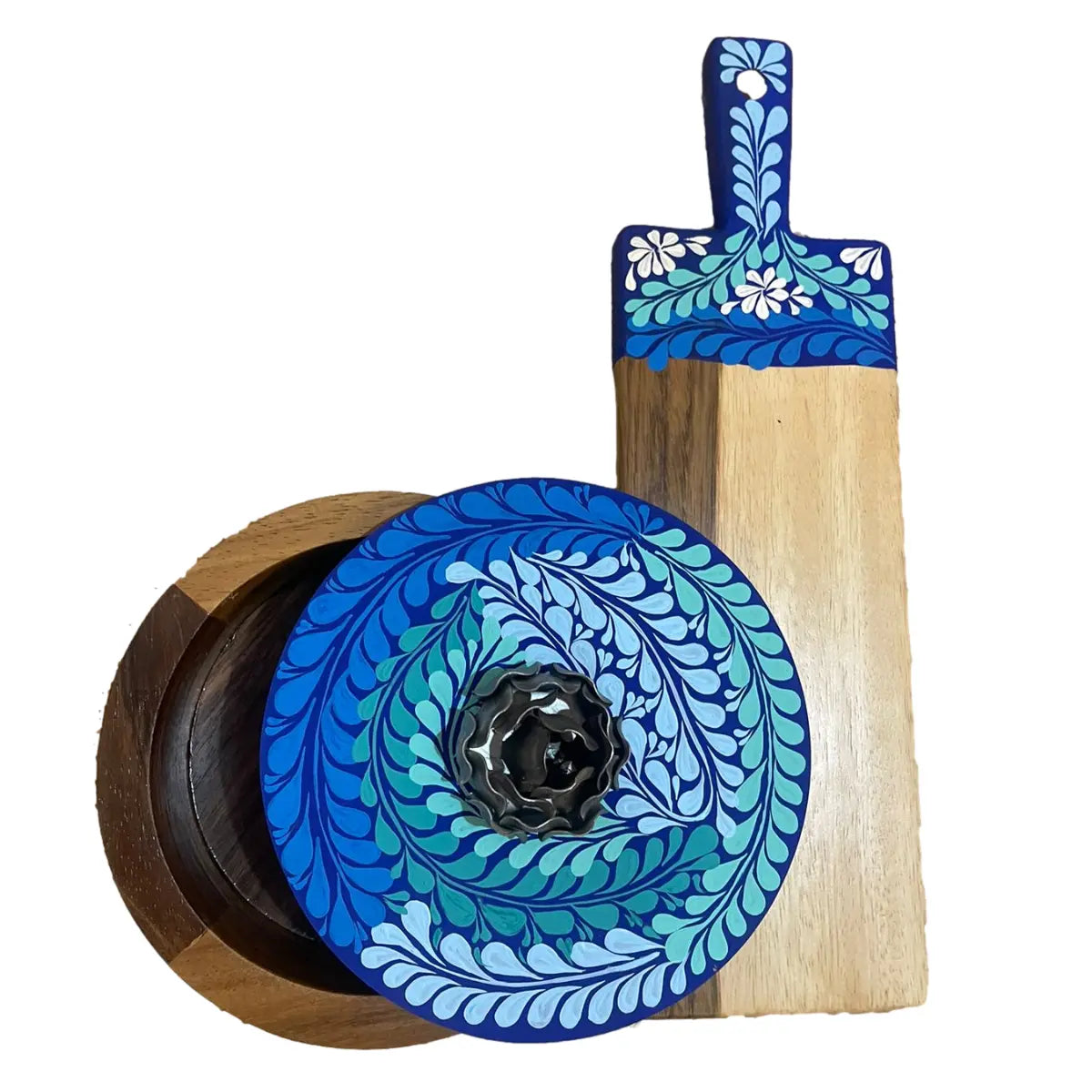 Mexican Handmade Parota Wood Tortilla Warmer & Charcuterie Board 2 Piece Set- Blue/Black Rose Colores Decor l Mexican Artisan Decor