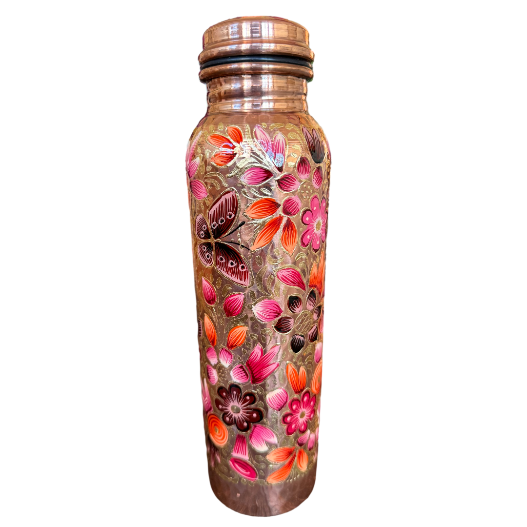 Mexican Copper 1 L / 33 oz. Water Bottle- Hand Painted Rose FLores CoLores Decor