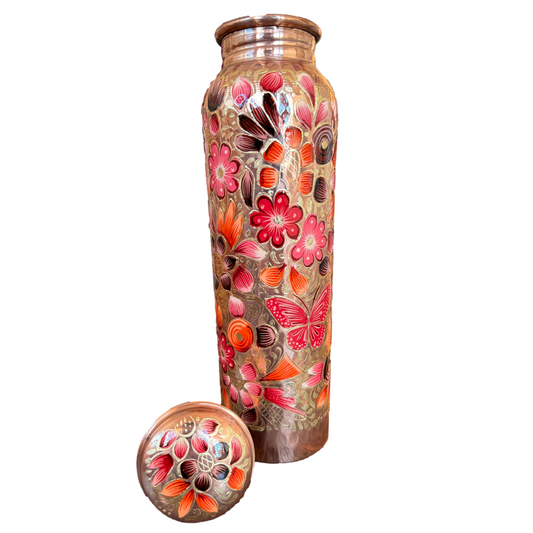 Mexican Copper 1 L / 33 oz. Water Bottle- Hand Painted Rose FLores CoLores Decor
