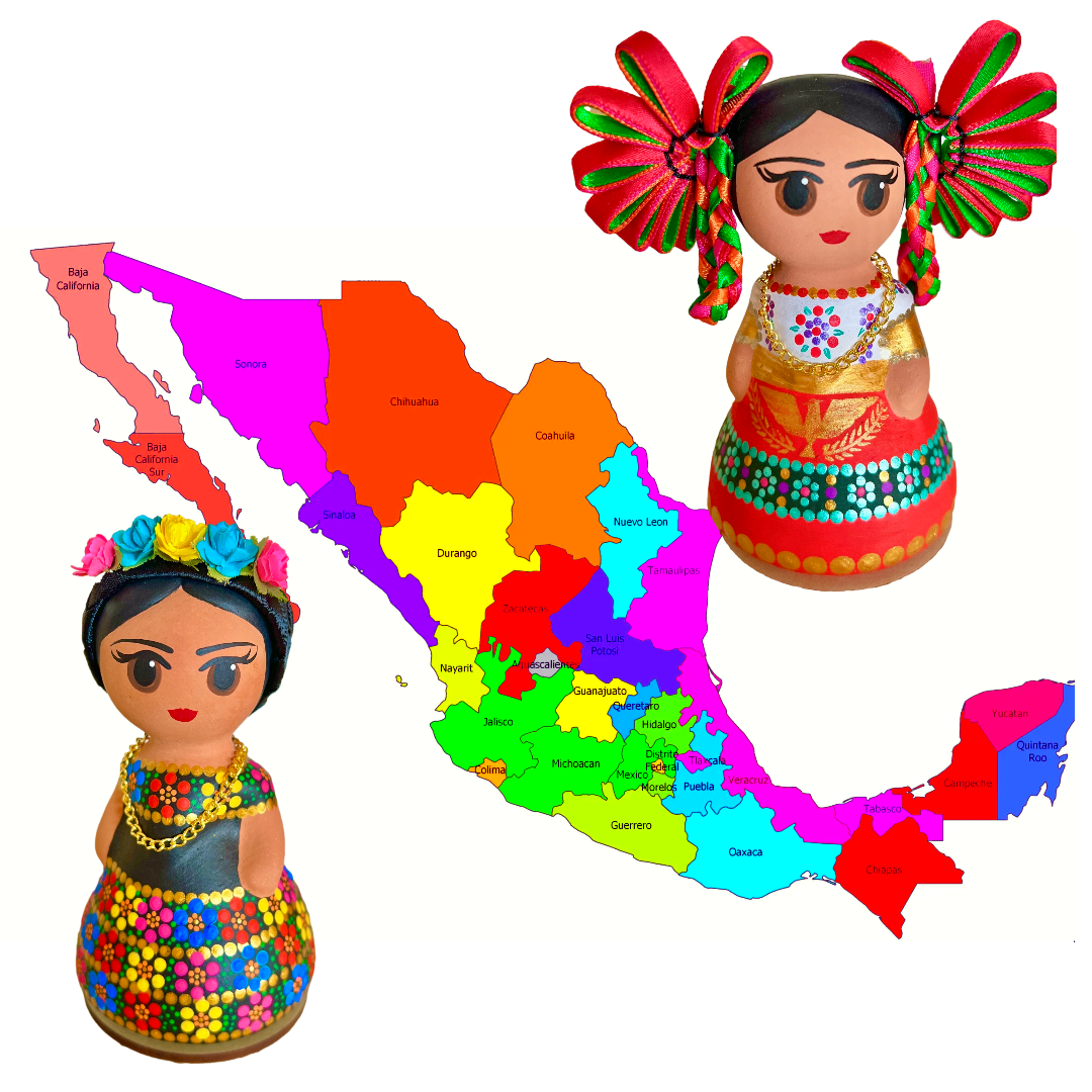 Mexican Handmade Clay Folklore Figurines- 32-Total Mexican State Dolls CoLores Decor l Mexican Artisan Decor