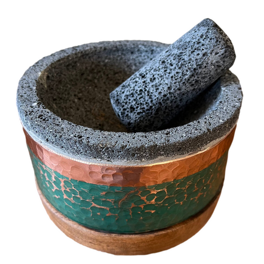 Mexican Handmade 6.8" Round Copper Molcajete- Emerald MeXican Artisan Fashion & Design