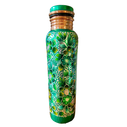 Mexican Copper 1 L / 33 oz. Water Bottle- Hand Painted Green Sugar Skull CoLores Decor