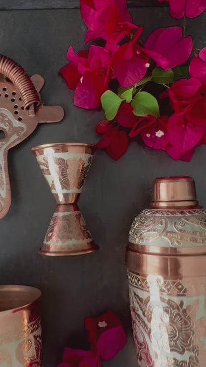Mexican Handmade Copper 24 oz. Boston Shaker- Silver Flowers