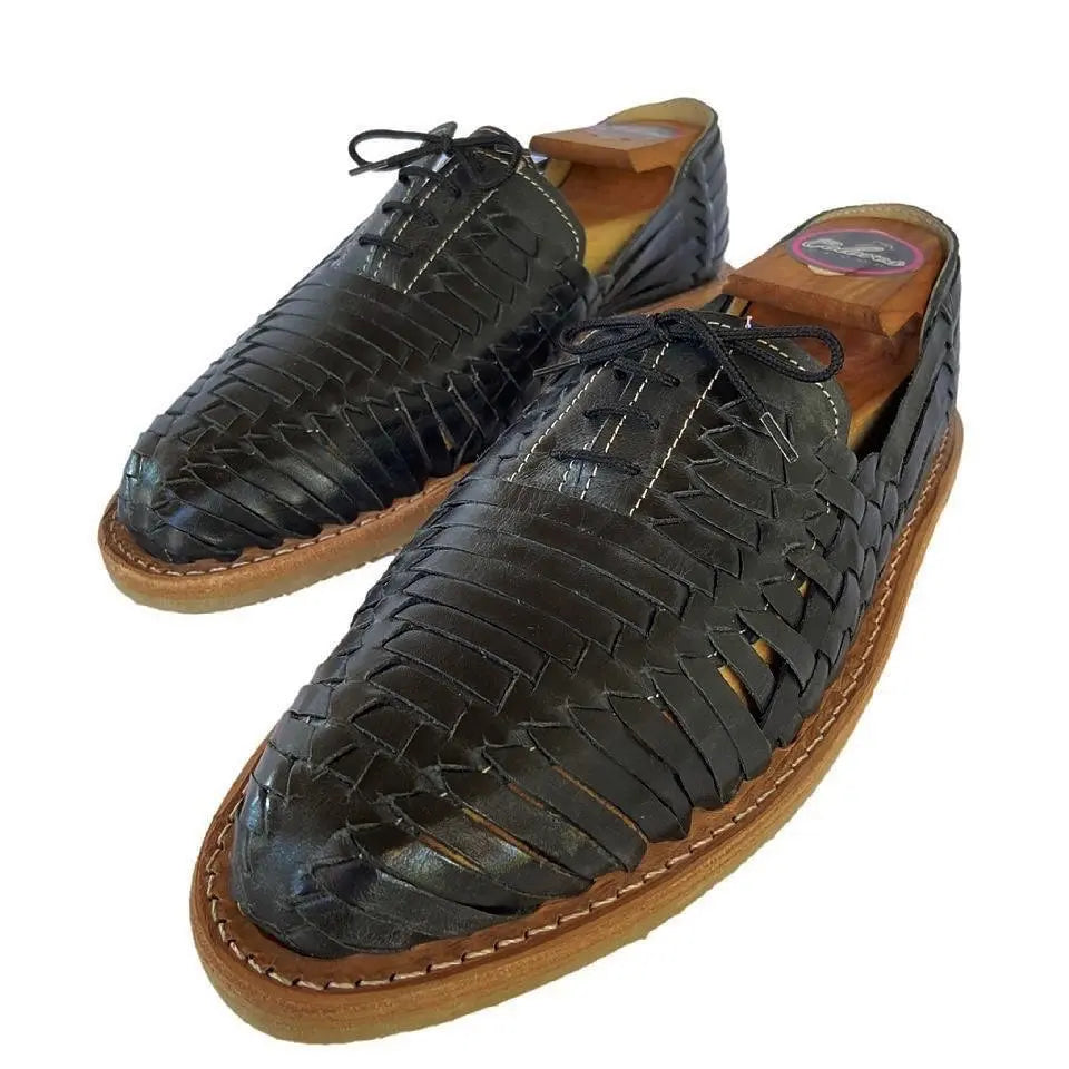 Black Mexican Men Huaraches- Premium Leather Lace-Up Shoes CoLores Decor | Mexican Artisan Decor
