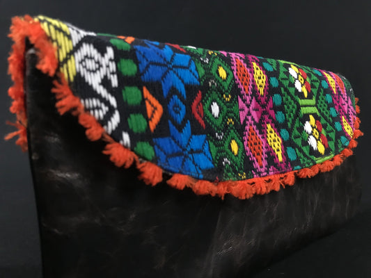 Flor de Mayo Orange Maya Embroidered Leather Wristlet Colores Decor