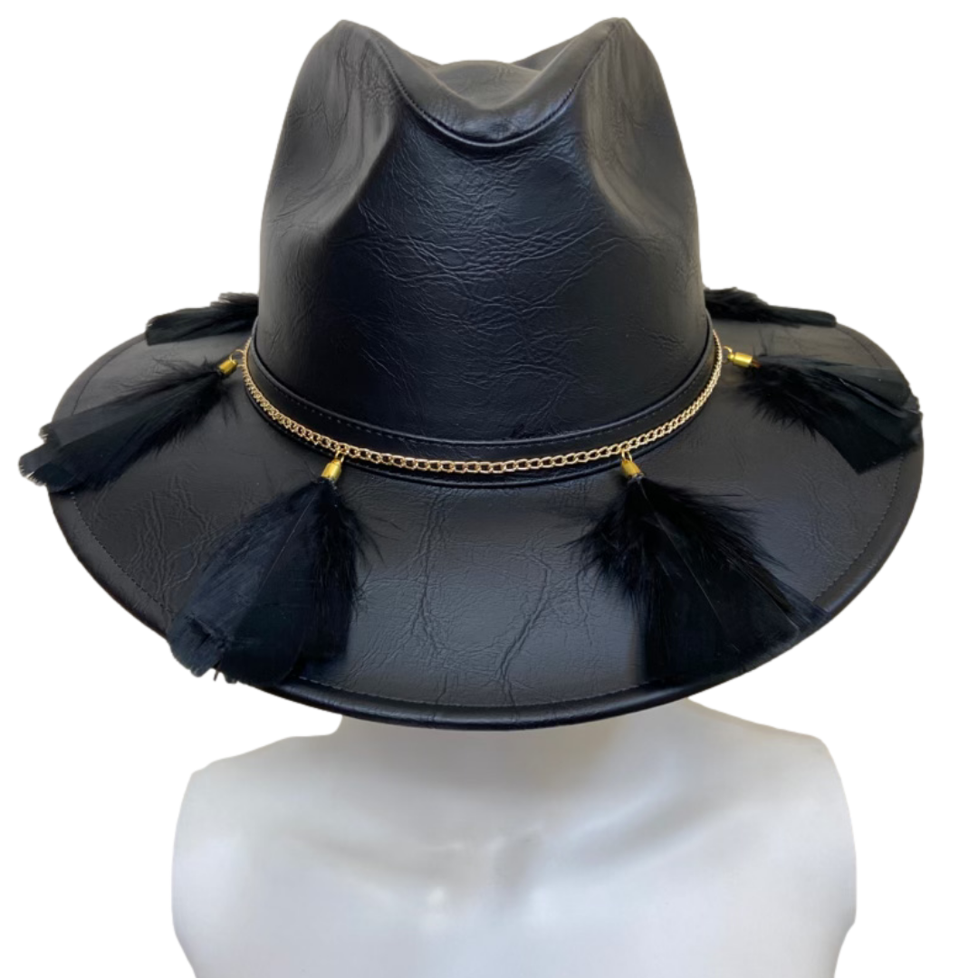 Black leather online fedora hat