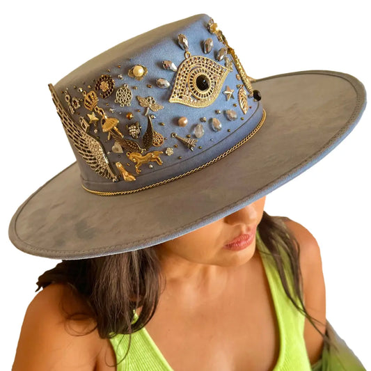 Mexican Handcrafted Boater Hat | La Gitana Ojo Azul Colores Decor